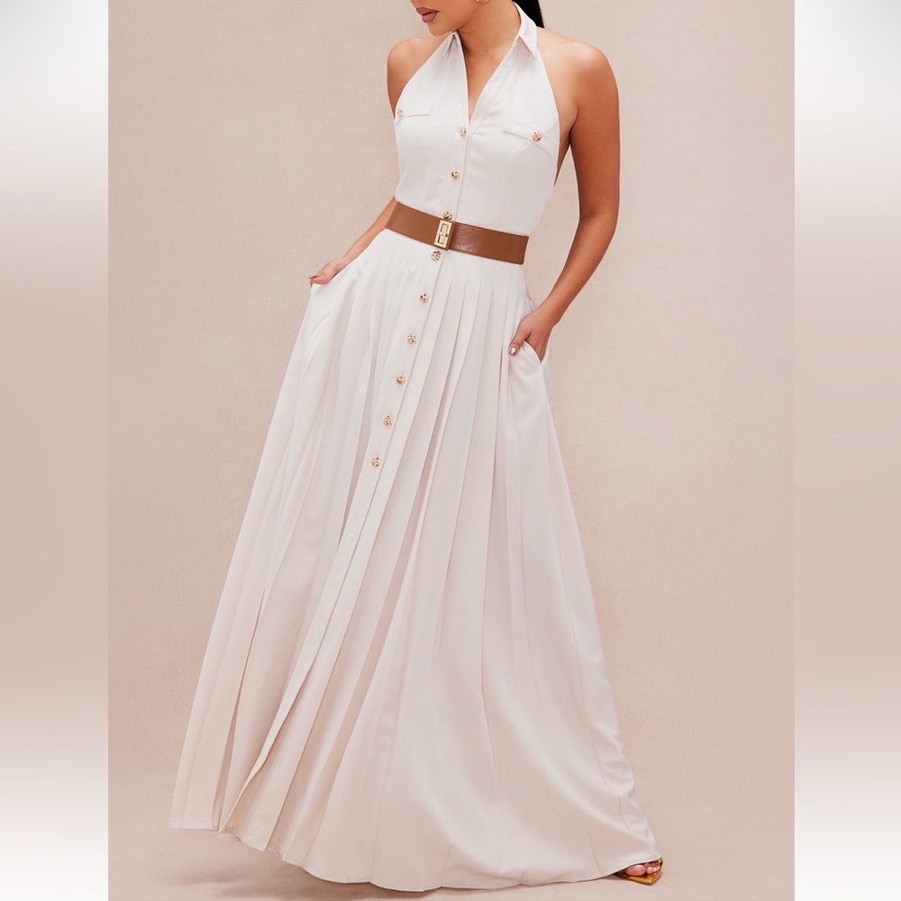 Sleeveless Halter Button-Front Maxi Dress in Ivory with Brown Belt